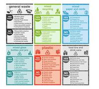 Recycling signs complete pack of 6 essential for recycling bins- 1.2mm Rigid plastic for indoor/outdoor usage (150mm x 100mm) Viewing Distance within 3m.