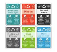 Recycling signs complete pack of 6 essential for recycling bins - 1.2mm Rigid plastic for indoor/outdoor usage (400mm x 300mm) Viewing Distance within 14m.