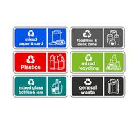 Recycling signs complete pack of 6 essential for recycling bins - 1.2mm Rigid plastic for indoor/outdoor usage (250mm x 100mm) Viewing Distance within 7m.