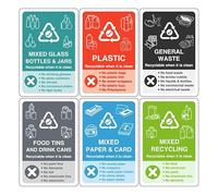 Recycling signs complete pack of 6 essential for recycling bins - High tack self-adhesive sticker (150mm x 100mm) Viewing Distance within 3m.
