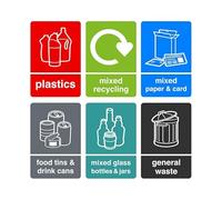 Recycling signs complete pack of 6 essential for recycling bins - High tack self-adhesive sticker (600mm x 400mm) Viewing Distance within 20m.