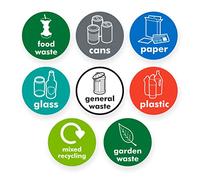 Recycling stickers for bins - Pack of 8 mixed recycling signs - 100mm diameter - Self adhesive vinyl labels by Aston Safety Signs