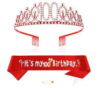 Red 100th Birthday Tiara Sash for Girls Princess Crown Crystal Queen Tiara Birthday Headbands Happy Birthday Decorations Birthday Sash Tiara Kit Girl Birthday Clothing Accessories Party Supplies