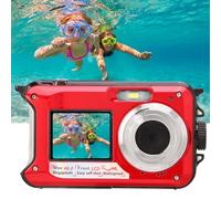 Red 10ft Waterproof Underwater Camera - Full HD 2.7K 48MP, 16X Digital Zoom, Dual Screen for Snorkeling