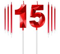 Red 15th Birthday Candles Set, Number 15 Candle with Long Candles, Birthday Candle for Red Cake Topper Decorations for Boys Girls Men Women Birthday Party Wedding