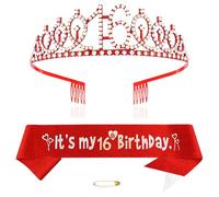 Red 16th Birthday Tiara Sash for Girls Princess Crown Crystal Queen Tiara Birthday Headbands Happy Birthday Decorations Birthday Sash Tiara Kit Girl Birthday Clothing Accessories Party Supplies