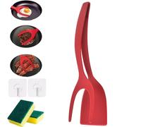 Red 2 in 1 Grip and Flip Spatula Tongs for Eggs, Fish, Pancakes, French Toast, Omelets, Meat - Home Kitchen Cooking and Baking