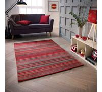 (RED, 200 x 285 cm) Modern Multi Coloured 100% Wool Rugs Stripe Line Design Small Extra Large Hall Runner Rug Eco Friendly Handmade Mat