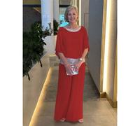 (red, 2XL) Europe and The United States Ladies Suit Round Neck Sequins Color Blocking Bat Shirt Wide Leg Pants Suit Female