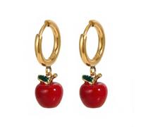 Red 3D Apple Small Hoop Dangle Drop Earrings for Women Stainless Steel Enamel Fruit Dangling Cartilage Hoops Earring Cute Teacher's Day Graduation Jewelry for Daughter 18K Golden Plated 10mm Huggie
