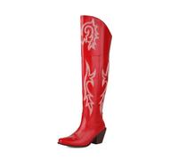 Red,42,Women's Cowboy Tall Boots, Fashion Embroidered Square Toe Over-The-Knee Western Boots, Fur Lining Winter Block Heel Thigh-High Knight Boots
