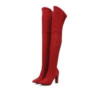 Red,5.5 UK,Womens Thigh High Block Heel Over The Knee Boots Faux Suede Elasticity Long Boots Pointed Toe Side Zip Tall Boots for Winter Fall