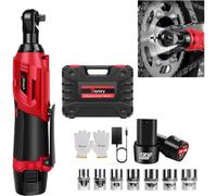 Red 500Nm Electric Cordless Right Ratchet 3/8'' 90 Angle Wrench Power 2 Battery Kit