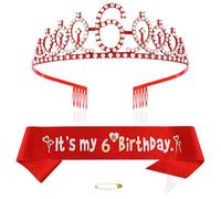 Red 6th Birthday Tiara Sash for Girls Princess Crown Crystal Queen Tiara Birthday Headbands Happy Birthday Decorations Birthday Sash Tiara Kit Girl Birthday Clothing Accessories Party Supplies