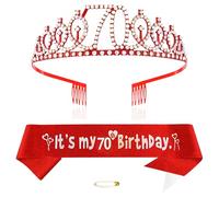 Red 70th Birthday Tiara Sash for Girls Princess Crown Crystal Queen Tiara Birthday Headbands Happy Birthday Decorations Birthday Sash Tiara Kit Girl Birthday Clothing Accessories Party Supplies