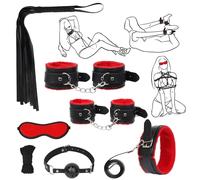Red 8-Piece BDSM Bondage Kit for Couples Beginners Includes Handcuffs, Ankle Cuffs, Ball Gag, Collar, Blindfold, Whip, Ropes
