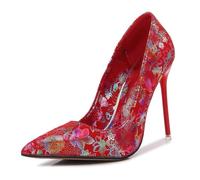 Red,9.5 UK,Womens High Heel Pumps Closed Pointed Toe Stiletto 4.3inch Heels Classic Office Special Sequin Embroidered Dressy Wedding Pump Shoes