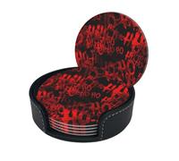Red Abstract Geometric Stacking Microfiber Pu Leather Coaster Set of 6 for Drinks with Holder, Cups Place Mats for Home Decor,Round Mat Pad for Cups Mugs