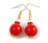 Red Acrylic/White Pearl Bead with Red Crystal Ring Drop Earrings in Gold Tone - 50mm L