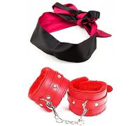 Red Adjustable Fluffy Handcuffs - Satin Eye Blindfold Mask - Eye Satin Mask - Faux Leather Fluffy Handcuffs