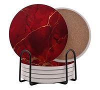 Red Agate Marble Round Coasters Set of 6 - Abosrbent Ceramic Coasters with Metal Stand for Drinks, Coffee, Non-Slip Cork Back for Tabletop Protection, 4 Inches Marbled Pattern (Dark Marble)