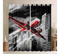 Red Airplane Window Curtain,Urban Street View Curtains for Kids Girls Boys Teens Room Decor,Modern Flying Aircraft Window Treatment Curtain Black White Film Style Window Drapes,2 Panels,38Wx45L