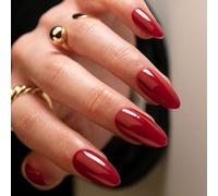 Red Almond False Nail Tips - 24PCS Glossy Short Press On Nails for Formal Weddings Anniversaries, Solid Color Smooth Texture with Adhesive Tabs for Easy Application Adult Women