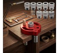 Red Aluminum Alloy Woodworking Punch Locator With Adjustable Feet And Eight Drill Bit Sleeves For Precise Hole Drilling On Furniture Boards Up To Forty Five Millimeters Thick Pack Of Two(B)