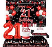 Red and Black 21st Birthday Decorations Happy Birthday Backdrop Tablecloth It’s My 21st Bday Sash Crown Glitter Cake Topper Number 21 Foil Balloon Kit for Women Girls 21 Year Old Bday Party Supplies