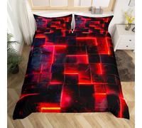 Red and Black Bed Set 3D Glowing Buffalo Duvet Cover Super King Size, Modern Abstract Art Super King Bedding Sets Geometric Plaid Comforter Cover, Gradient Futuristic Cubes Bed Set (Black Reversible)