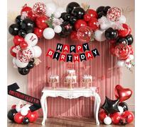 Red and Black Birthday Party Decorations with Happy Birthday Banner, Black White Red Confetti Balloons, Heart and Star Foil Balloons, Sash, Cake Topper for Women Girls Princess Party Supplies