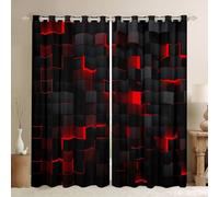 Red and Black Blackout Curtains for Boys Bedroom 52x63 Neon Geometric Checkered Window Curtains 2 Panel Sets Abstract Square Grid Window Treatments Drapes Glowing Plaid Check Decor