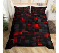 Red And Black Boys Bedding Set King Size Neon Geometric Checkered Kids Comforter Cover Teen Men Abstract Square Grid Duvet Cover Glowing Plaid Check Bed Set Modern Room Decor