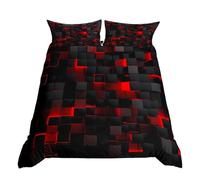 Red And Black Boys Bedding Set Single Size Neon Geometric Checkered Kids Comforter Cover Teen Men Abstract Square Grid Duvet Cover Glowing Plaid Check Bed Set Modern Room Decor