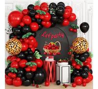 Red and Black Cherry Balloon Garland Arch Kit, Red Black Green Long Foil Cheetah Print Balloons for Girls Birthday Baby Shower Wedding Bridal Valentine's Day Bachelorette Party Decorations