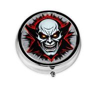 Red and Black Evil Ghost A Round Mini Pillbox with Three Compartments for Storing Vitamins, Fish Oil, and Nutritional Supplements.