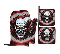 Red and Black Evil Ghost Print Oven Mitts & Pot Holders Set of 4 â€“ Non-Slip Mitts High Heat Hot Pads for Kitchen Cooking