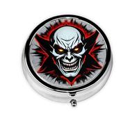 Red and Black Evil Ghost Round Mini Pill Box: 3-Compartment Portable Metal Pill Organizer with Snap Closure, Ideal for Daily Travel Use