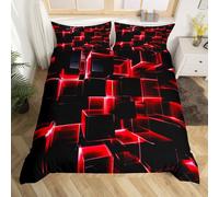 Red And Black Geometric Duvet Cover Double Modern 3D Stereoscopic Square Bedding Sets, Gradient Neon Honeycomb Bed Set 3 Pieces For All Season