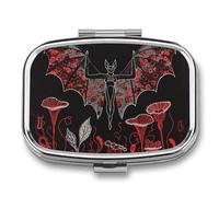 Red and Black Glow Pill Box 2 Compartment, Portable Pill Case with Mirror for Pocket Purse Travel, Mini Metal Medicine Organizer for Vitamins Fish Oil