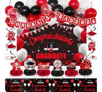 Red and Black Graduation Decorations 2026, Class of 2026 Graduation Party Decorations Black Red Balloons Congrats Grad Banner Honeycomb Centerpieces Tablecloth Hanging Swirls