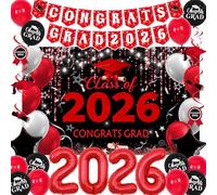 Red and Black Graduation Decorations 2026, Graduation Party Decorations Class of 2026 Backdrop, Congrats Grad Banner Red and Black Streamers Balloons Foil 2026 Balloons College High School Master Phd