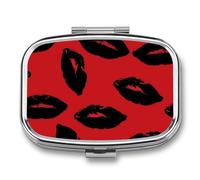 Red and Black Lips Pill Box 2 Compartment - Small Metal Medicine Organizer Portable Pill Case for Purse Pocket Travel Vitamin Organizer for Men Women, BPA-Free