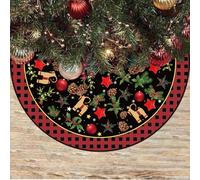 Red and Black Plaid Christmas Tree Skirt 48 Inch, Classic Holiday Design with Ornaments & Greenery, Religious Christian Xmas Decor for Home & Holiday Party