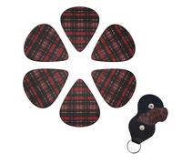 Red and black plaid Guitar Picks 6 Pack, 0.46mm Thickness Celluloid Bass Pick with Leather Guitar Pick Holder Keychain Abstract Art Pics Plectrum for Acoustic Electric Guitar, Ukulele, Bass