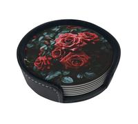 Red And Black Rose Coasters For Drinks Set Of 6 Leather Tea Cup Coaster Drink Coasters For Cup Kitchen Bar Home Decor Housewarming Gift