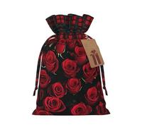Red And Black Rose Color Blocked Linen Drawstring Gift Bag, Reusable Gift Bag