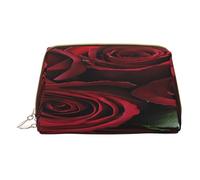 (Red and Black Rose) Print Pu Leather Makeup Bag with Zipper Pocket Compact Organizer for Travel/Purse