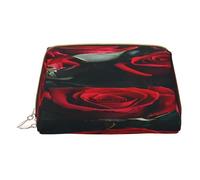 (Red and Black Rose) Print Pu Leather Makeup Bag with Zipper Pocket Compact Organizer for Travel/Purse