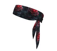 Red And Black Rose Print Sports Headband, Adjustable Head Tie For Running, Tennis & Workouts, Soft Fit